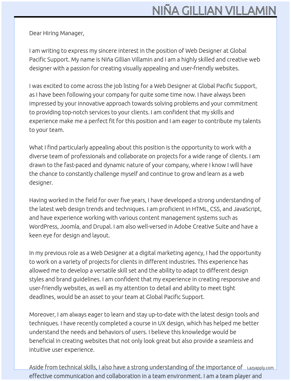 Web Designer At Global Pacific Support Cover Letter