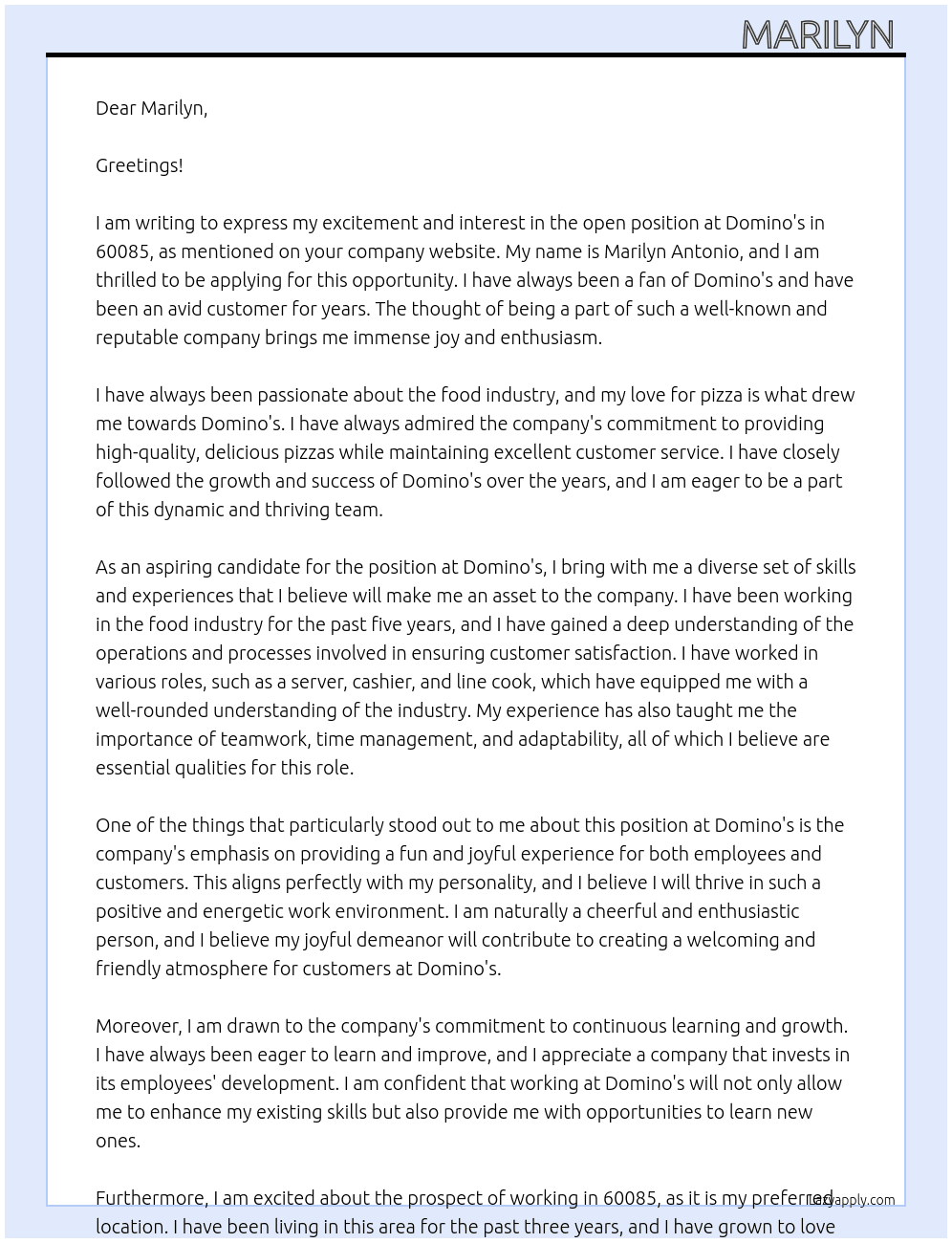 Domino's  At Marilyn  Cover Letter