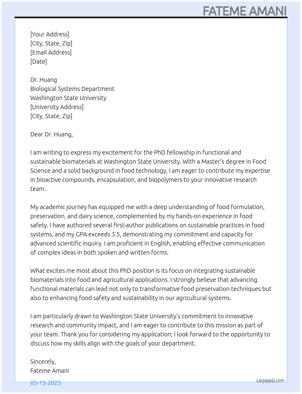 PhD fellowship in functional and sustainable biomaterials At Wasdhington university  Cover Letter