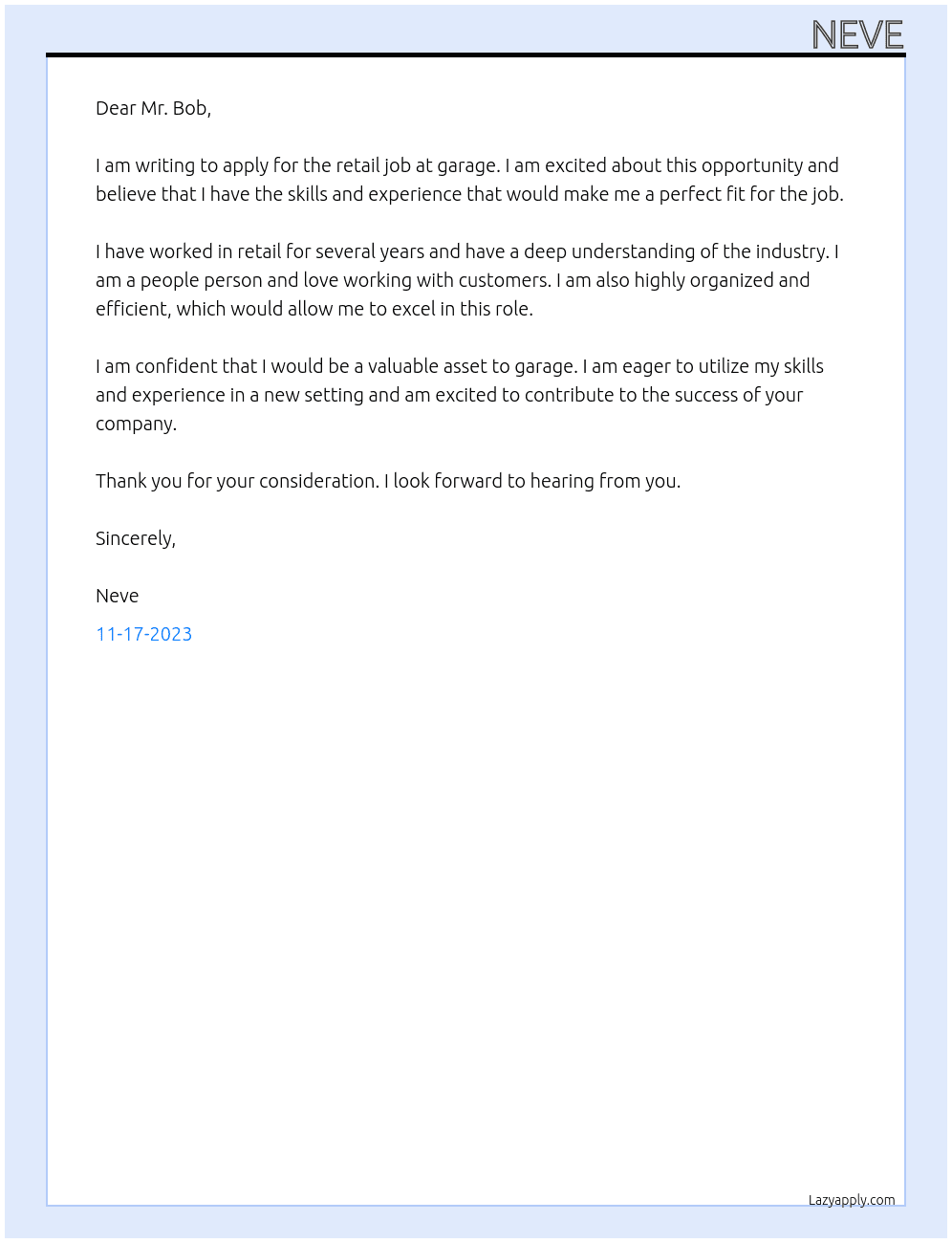 reatil job At garage  Cover Letter