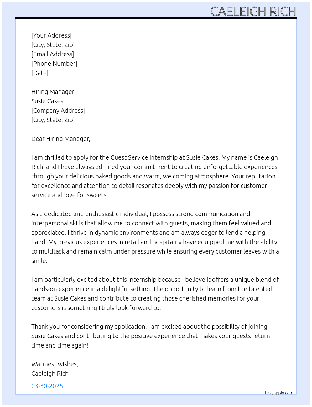 Guest Service Internship At Susie Cakes Cover Letter