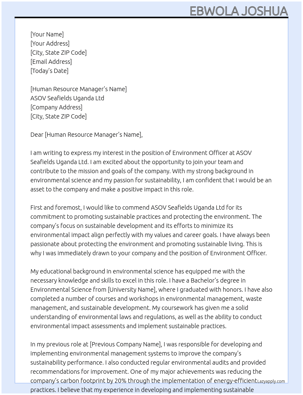 Environment Officer At ASOV Seafields Uganda Ltd Cover Letter