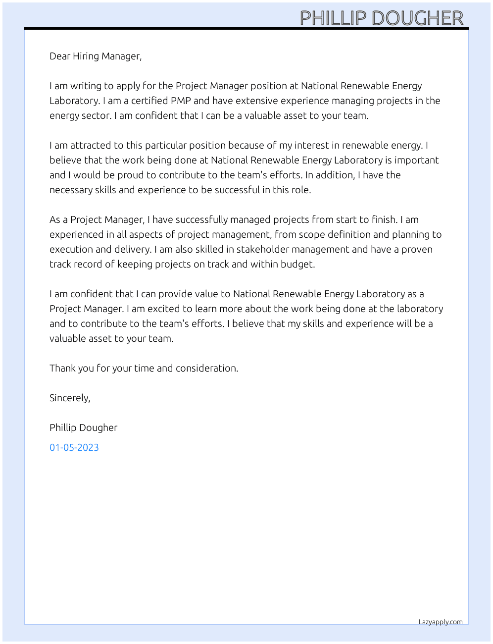 Project Manager  At National renewable energy laboratory  Cover Letter