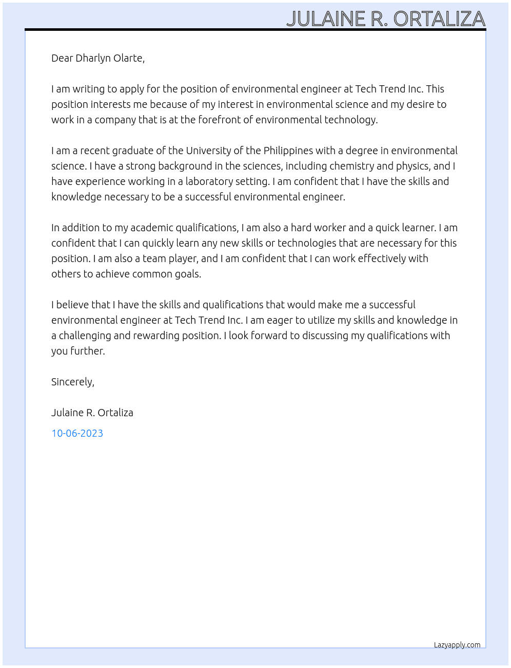 Environmental engineer At Tech Trend Inc. Cover Letter