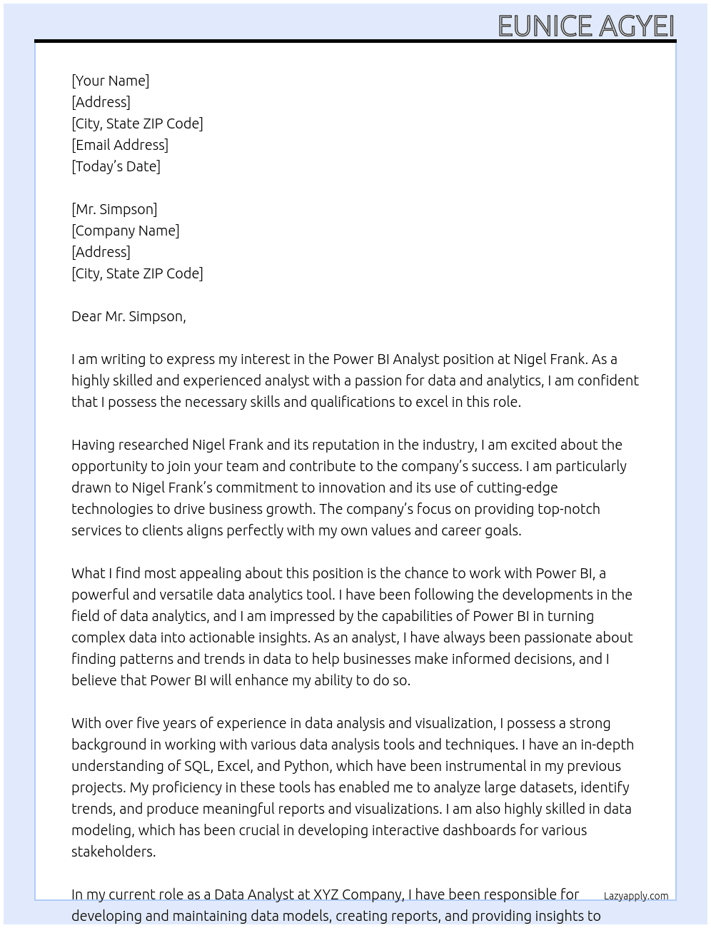 Power BI analystt At Nigel Frank Cover Letter
