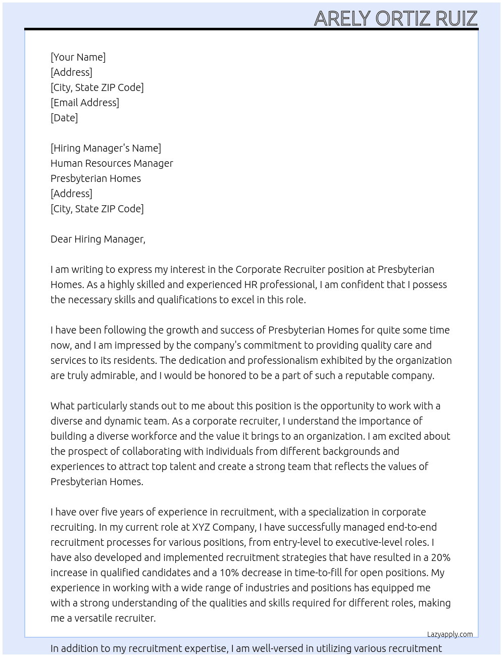 Corporate Recruiter At Presbyterian Homes Cover Letter