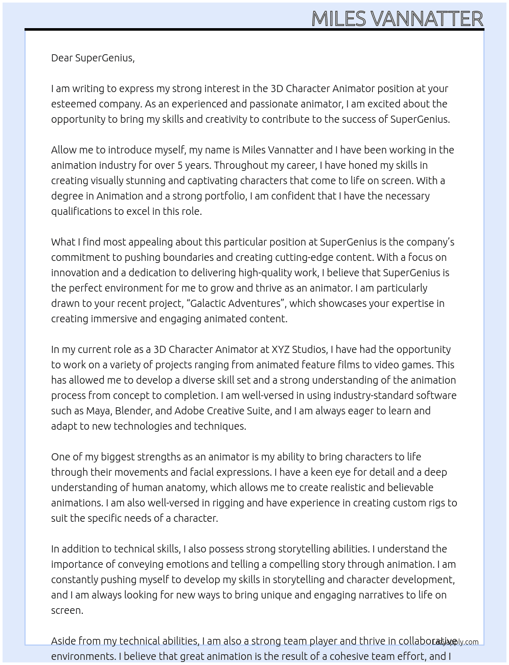3D Character Animator At SuperGenius Cover Letter