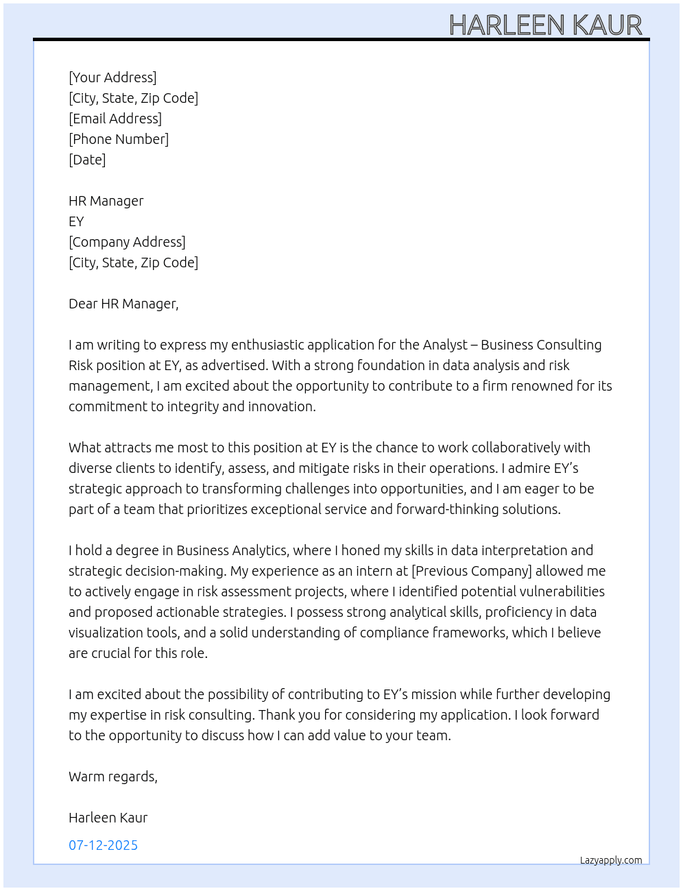 Cover letter for analyst - business consulting risk - LazyApply
