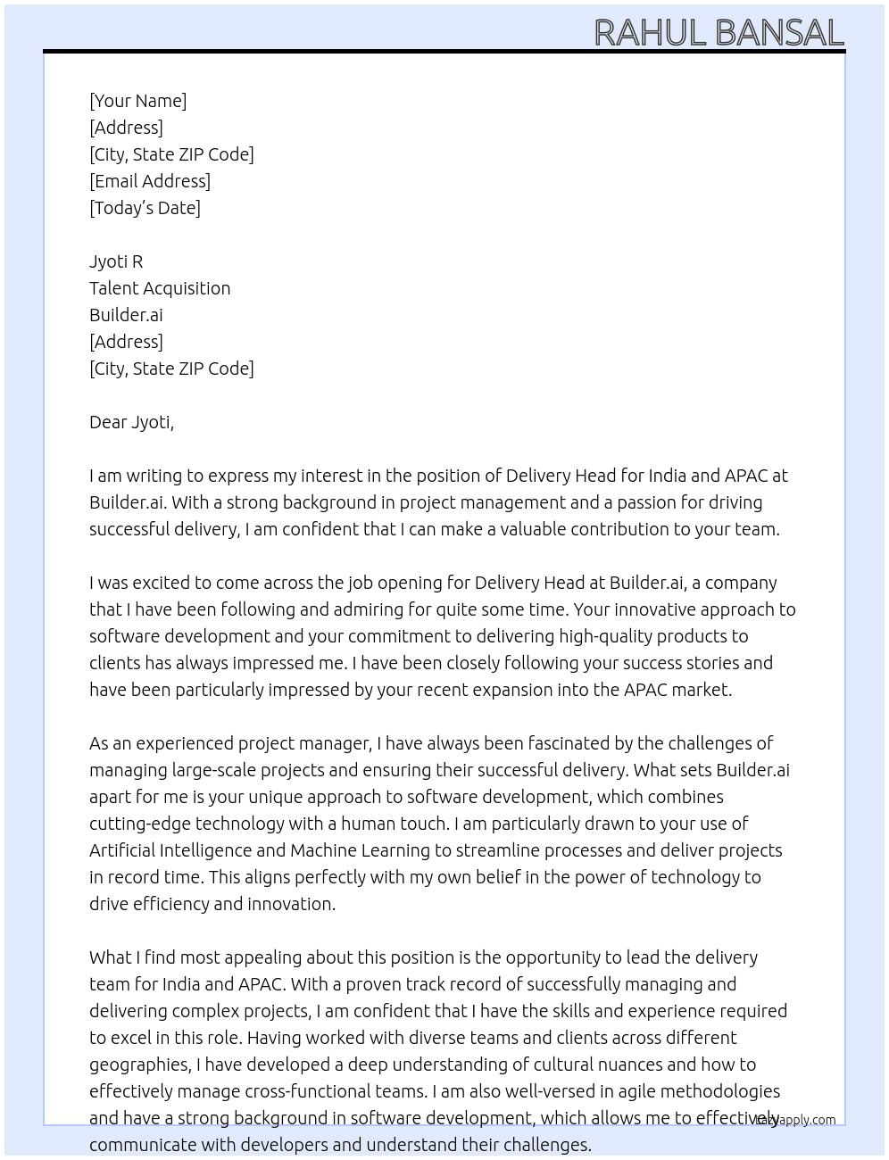 Delivery Head - India & APAC At Builder.ai Cover Letter