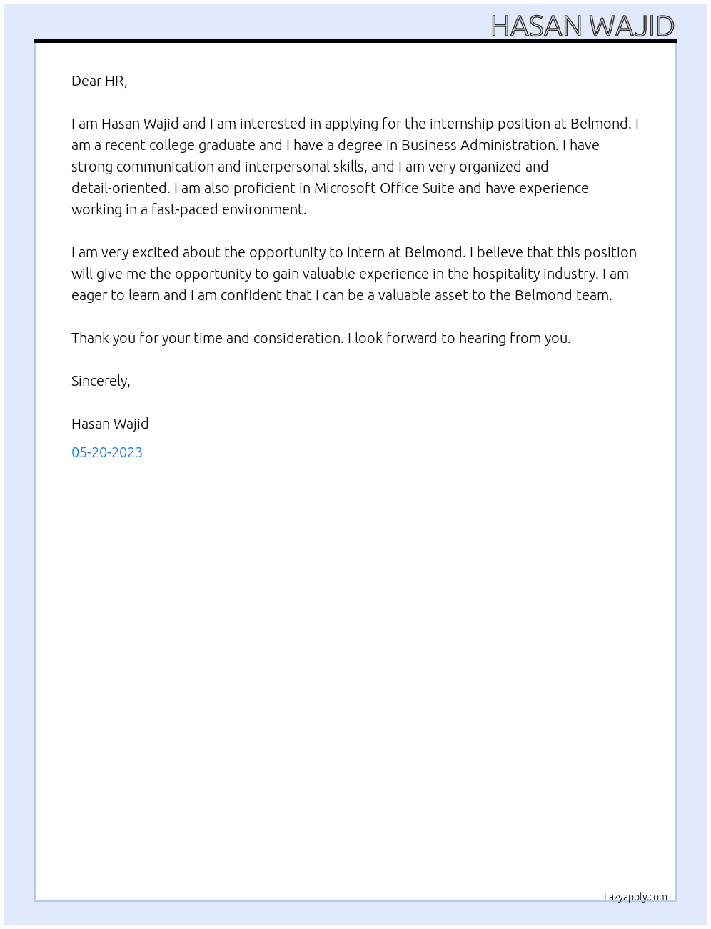 Internship At Belmond Cover Letter
