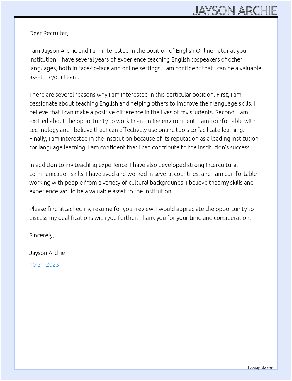 English Online Tutor  At Institution Cover Letter