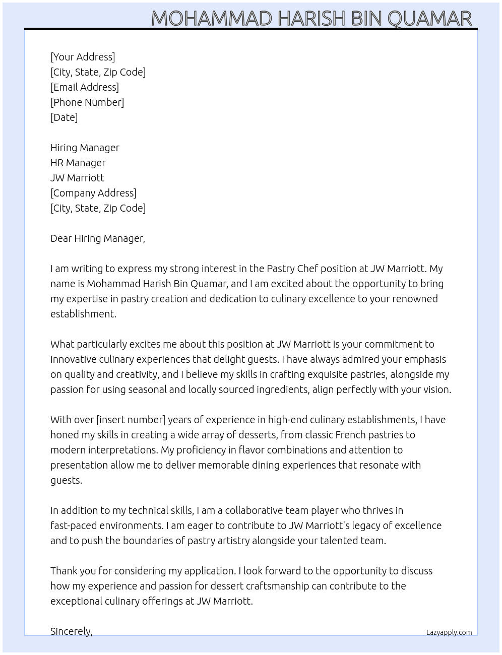 Pastry Chef At JW Marriott Cover Letter