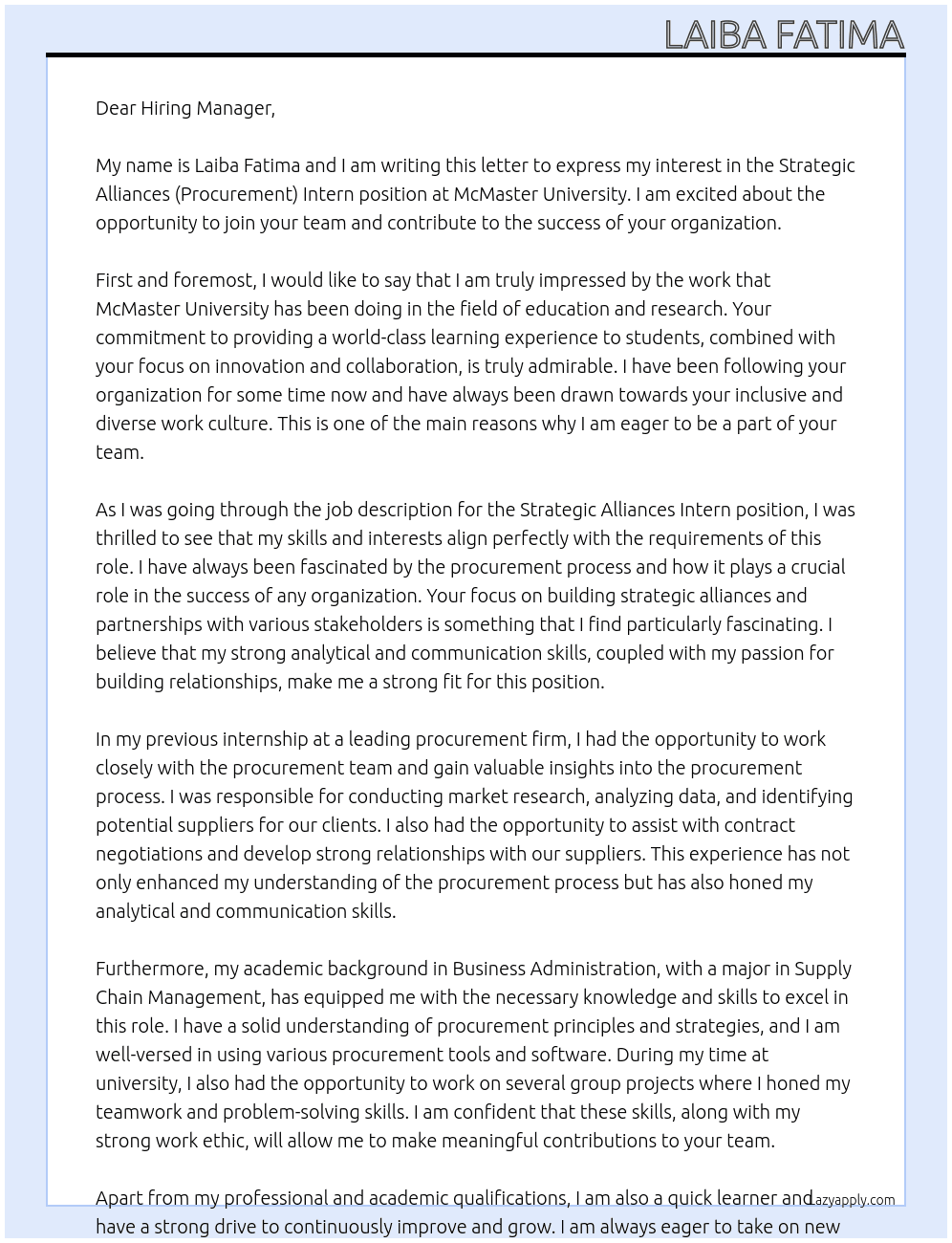 Strategic Alliances (Procurement) Intern At McMaster University Cover Letter