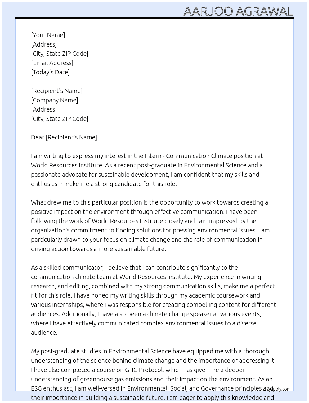 Intern - communication climate At World resources institute  Cover Letter
