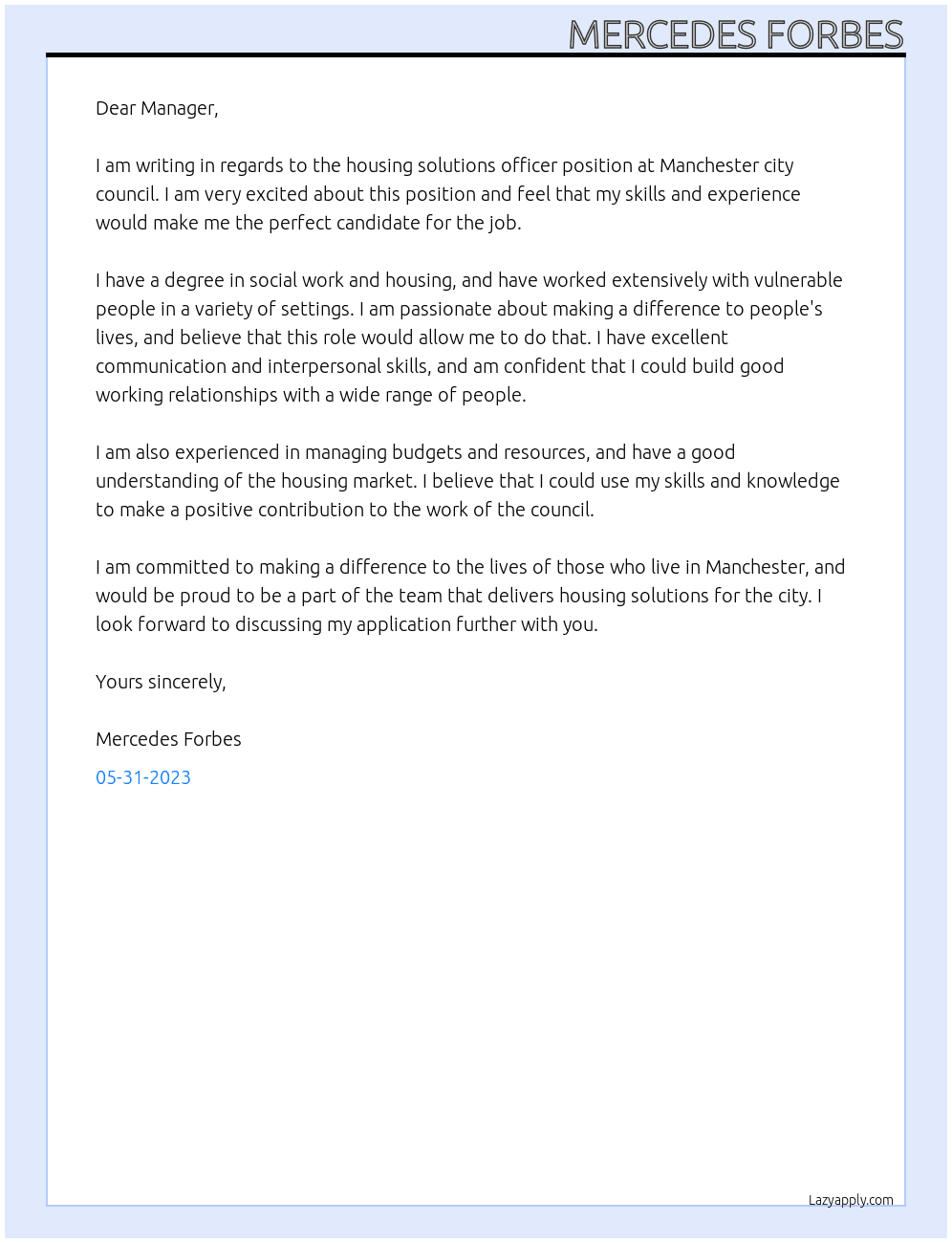 housing solutions officer At manchester city council  Cover Letter