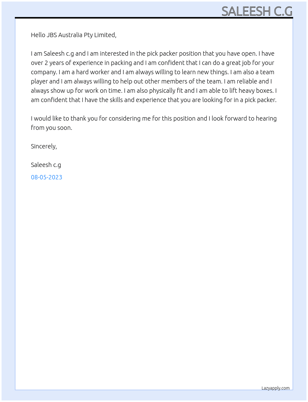Pick packers At JBS Australia Pty Limited Cover Letter