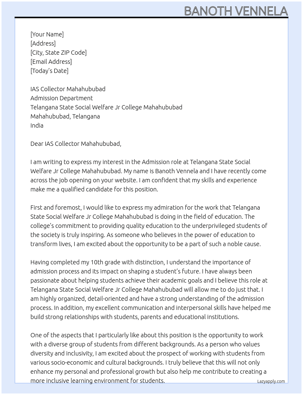 Admission At TELANGANA STATE SOCIAL WELFARE JR COLLAGE MAHAHUBUBAD  Cover Letter