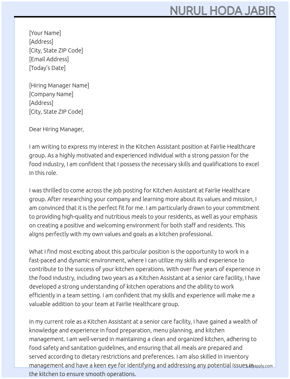 Kitchen assistant  At Fairlie Healthcare group Cover Letter