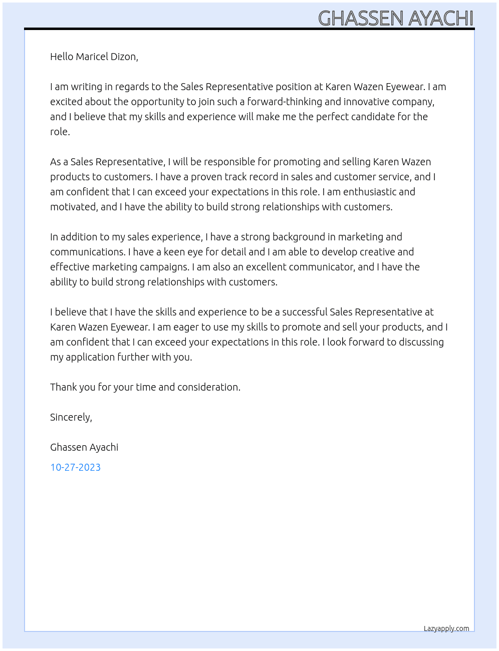 Sales Representative At Karen Wazen Eyewear Cover Letter