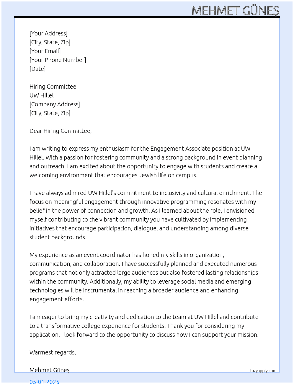 Engagement Associate at Yale Hillel At UW Hillel Cover Letter