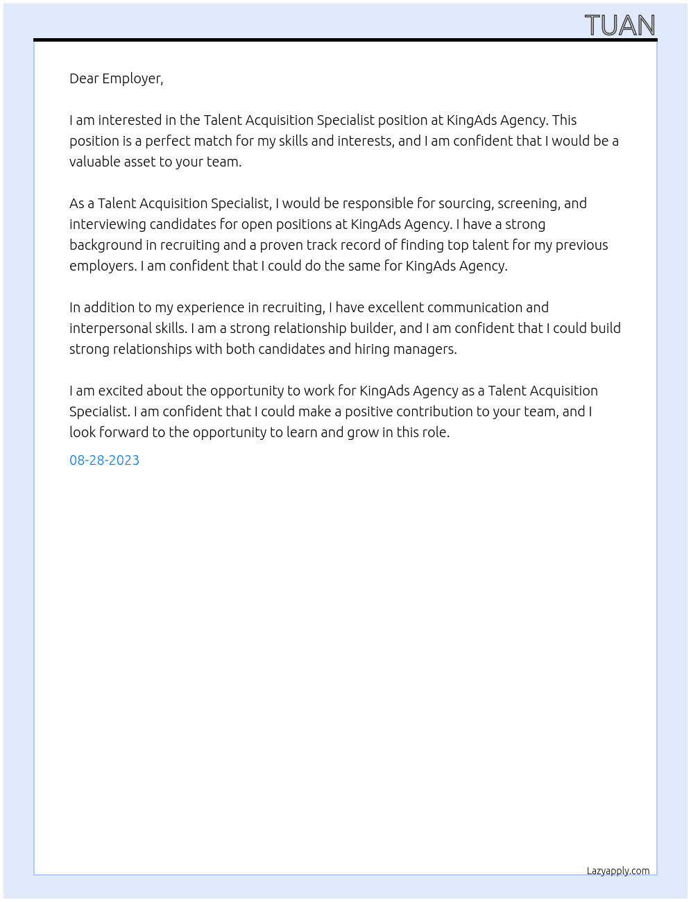 Talent Acquisition Specialist At KingAds Agency Cover Letter