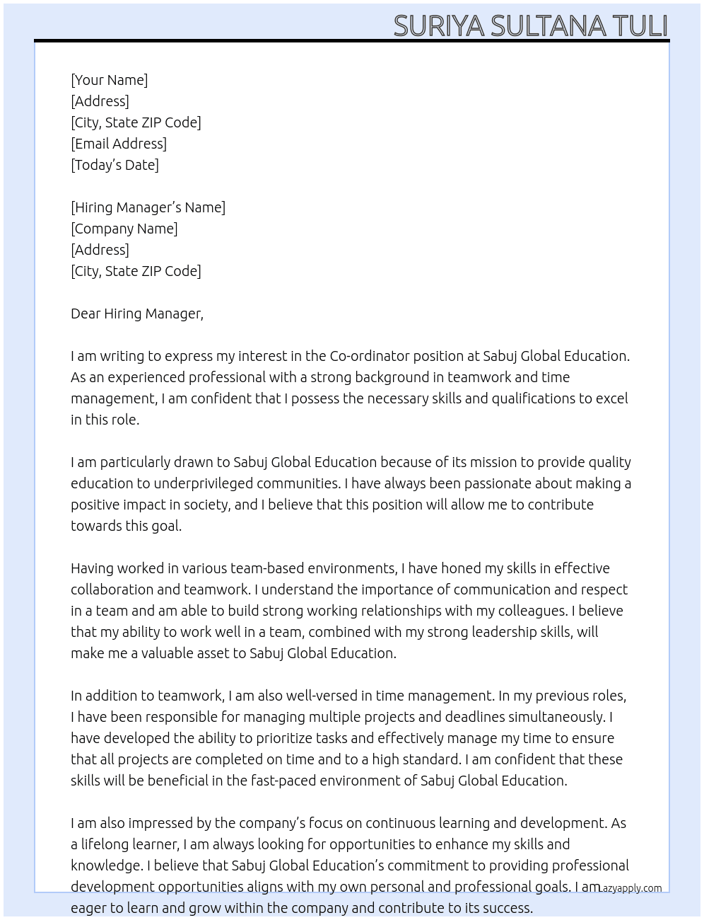 Co-ordinator At Sabuj Global Education  Cover Letter