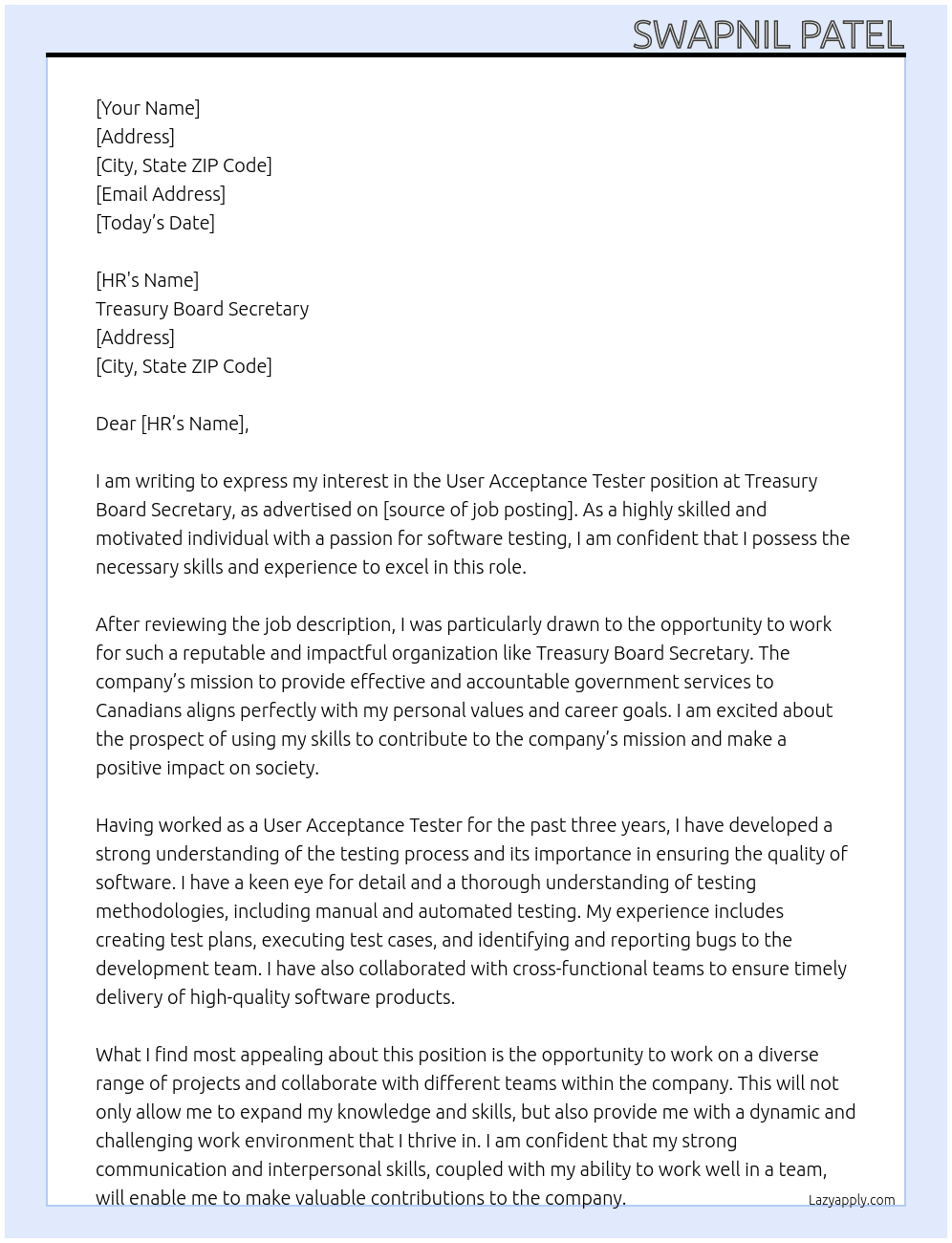 user acceptance tester At treasury board secetary Cover Letter