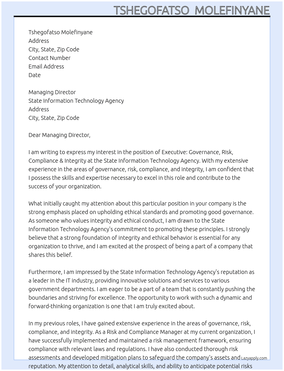 Executive: Governance, Risk, Compliance & Integrity At State Information Technology Agency Cover Letter