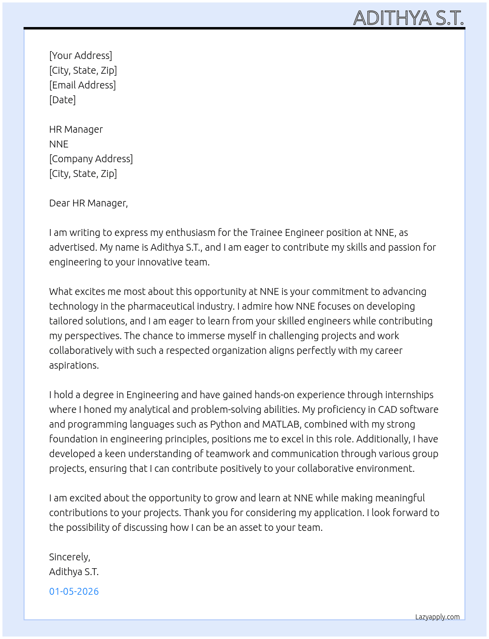 Trainee Engineer At nne Cover Letter