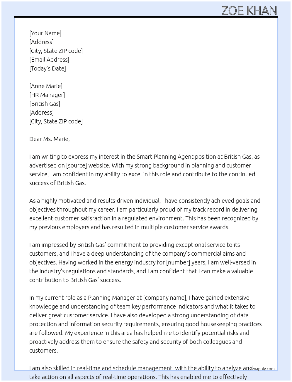 smart planning agent At British Gas Cover Letter