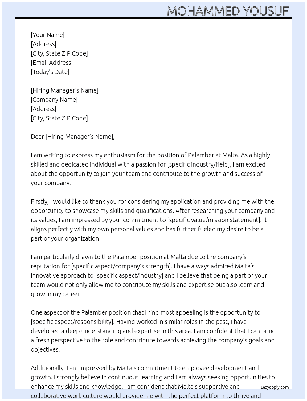 Palamber  At Malta  Cover Letter