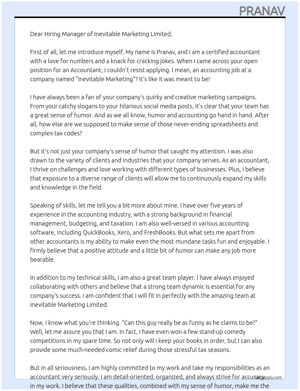 Accountant At Inevitable marketing limited Cover Letter