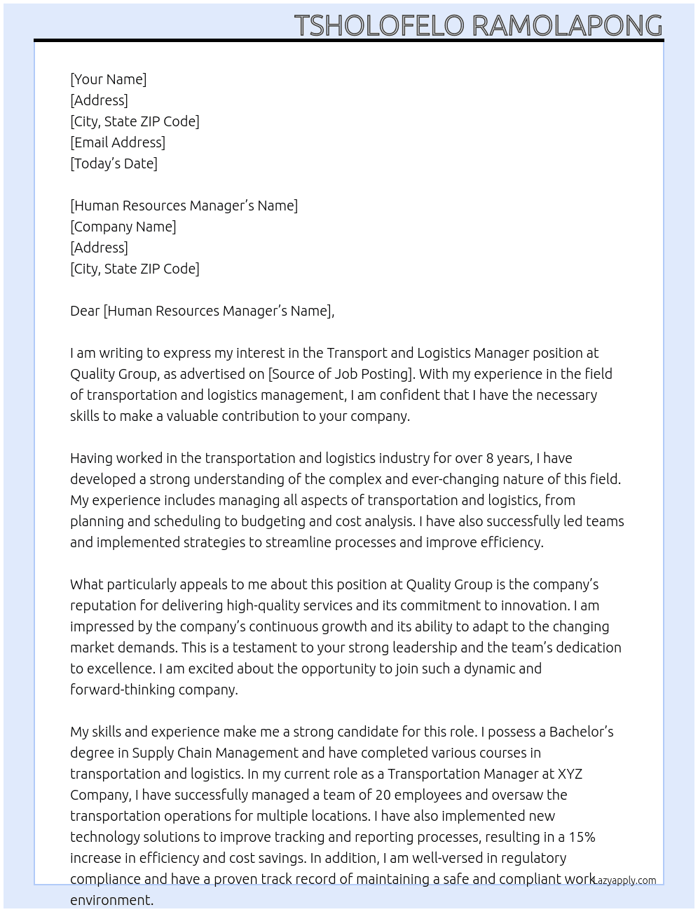 Transport and logistics manager At Quality Group Cover Letter