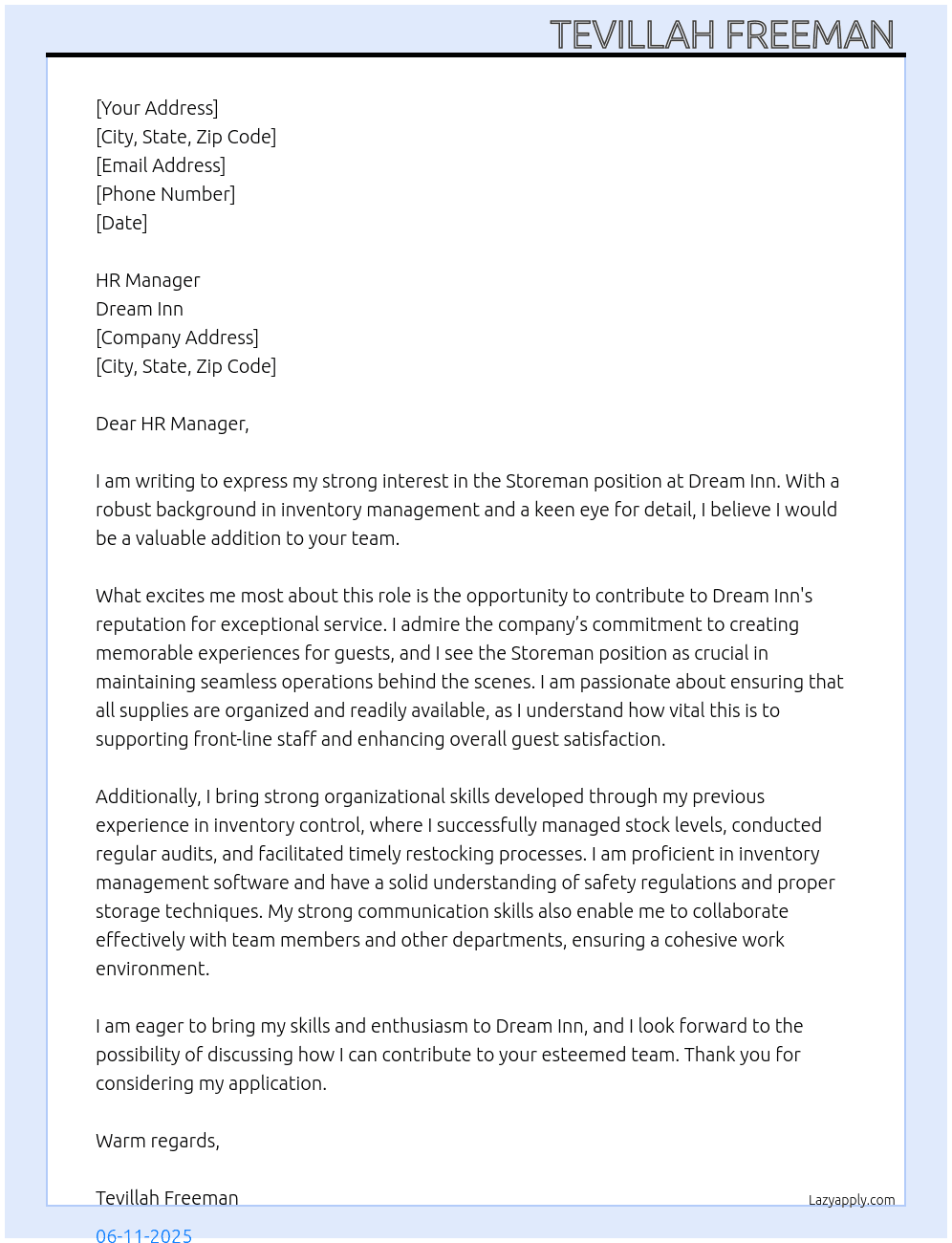 Storeman At Dream Inn Cover Letter