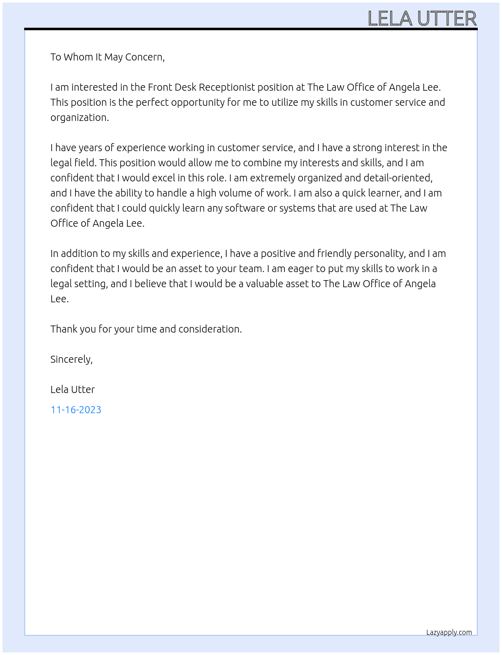 Front Desk Receptionist for Law Firm At The Law Office of Angela Lee Cover Letter