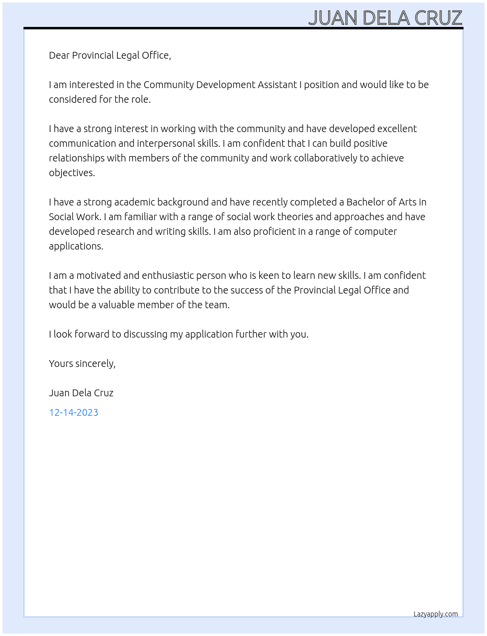 Community Development Assistant I At Provincial Legal Office Cover Letter