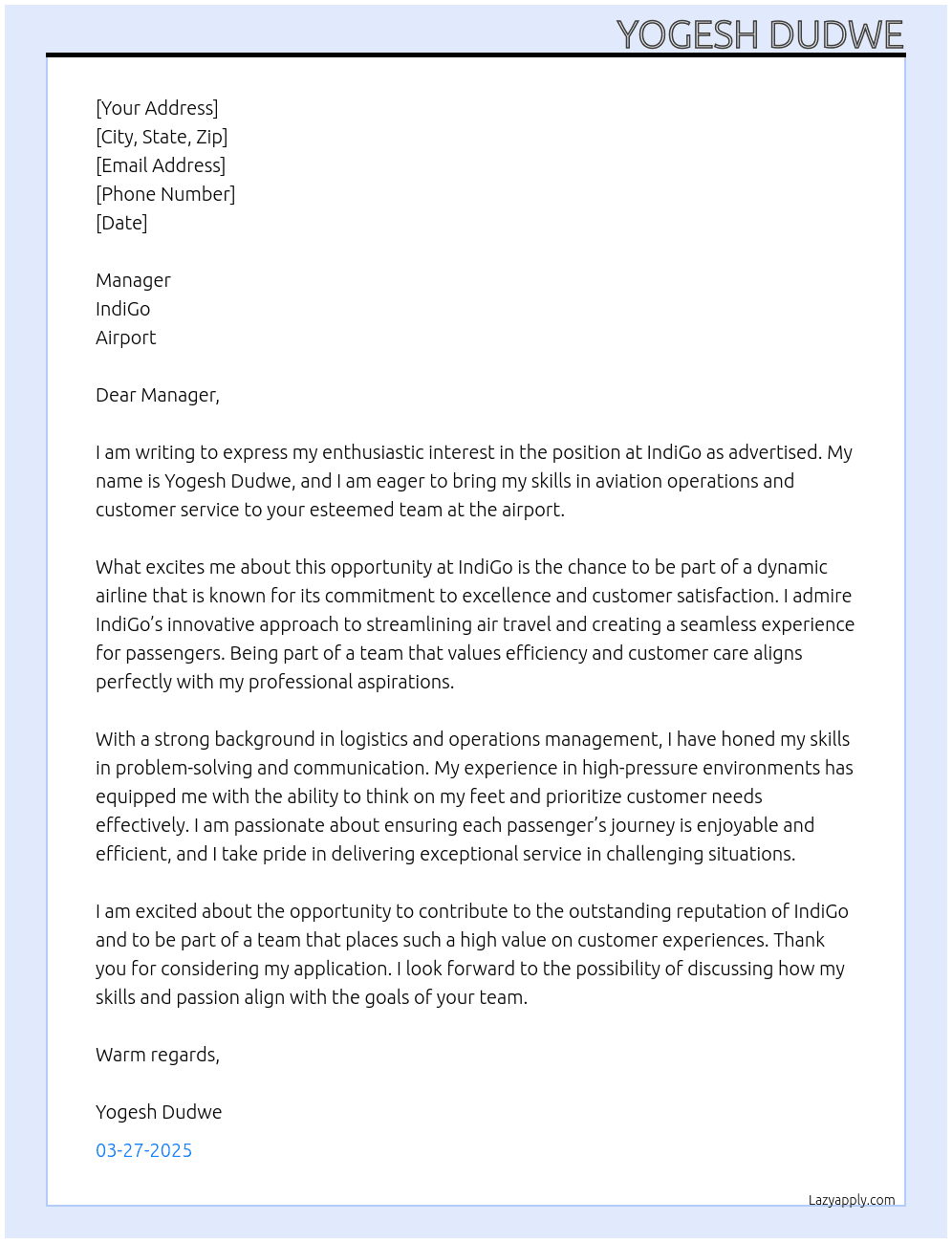 IndiGo At Airport  Cover Letter