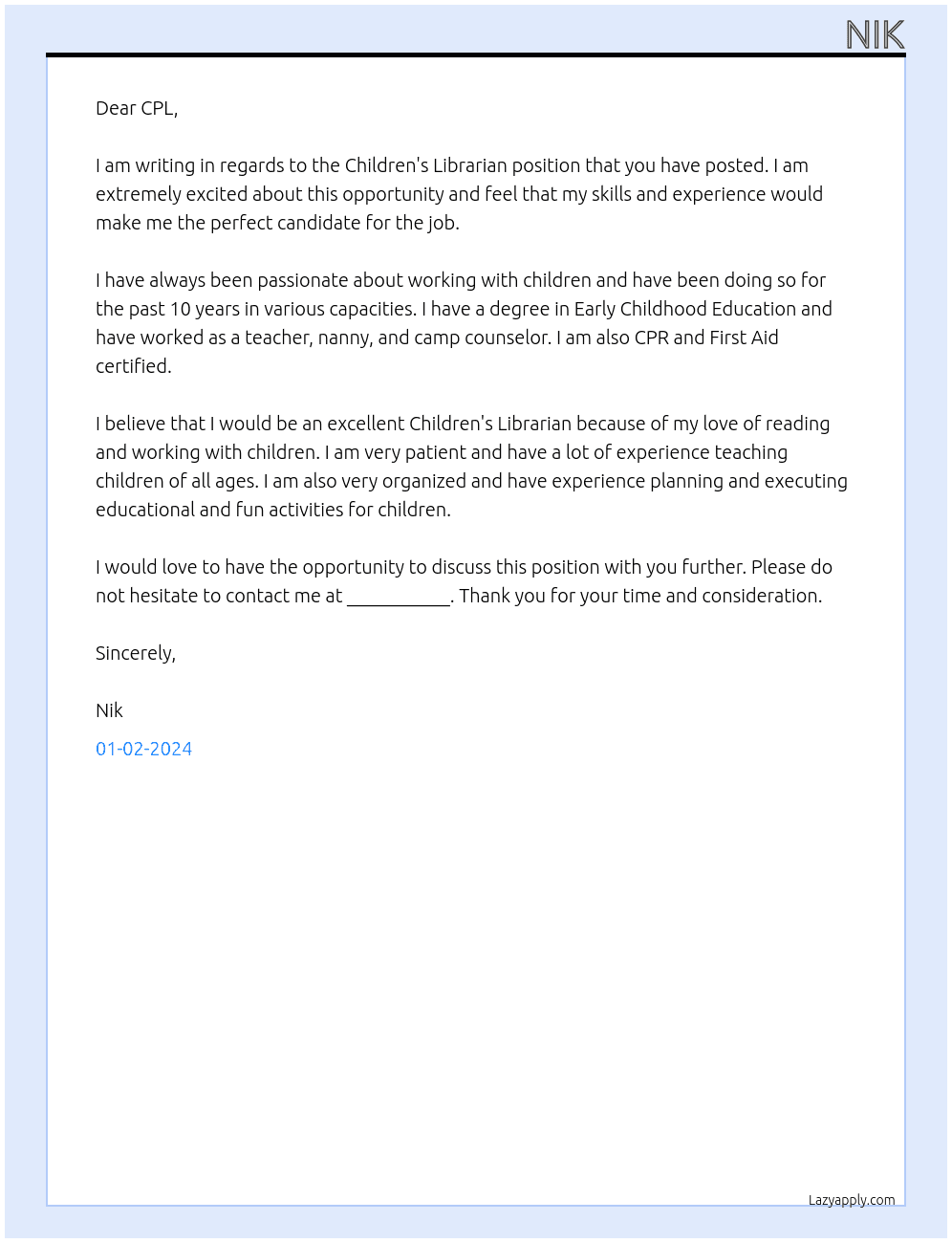 Children's Librarian At CPL Cover Letter