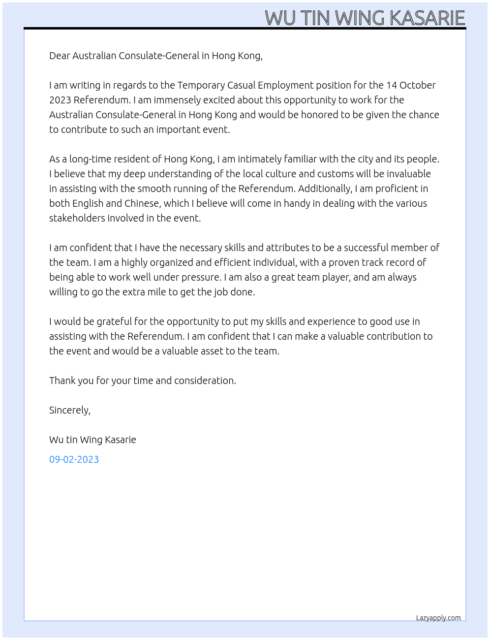 Temporary Casual Employment for the 14 October 2023 Referendum At AUSTRALIAN CONSULATE-GENERAL, HONG KONG Cover Letter