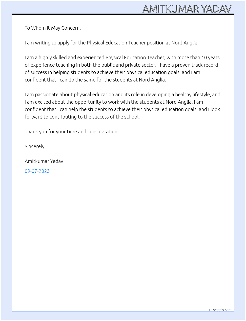 Physical Education Teacher  At Nord Anglia Cover Letter