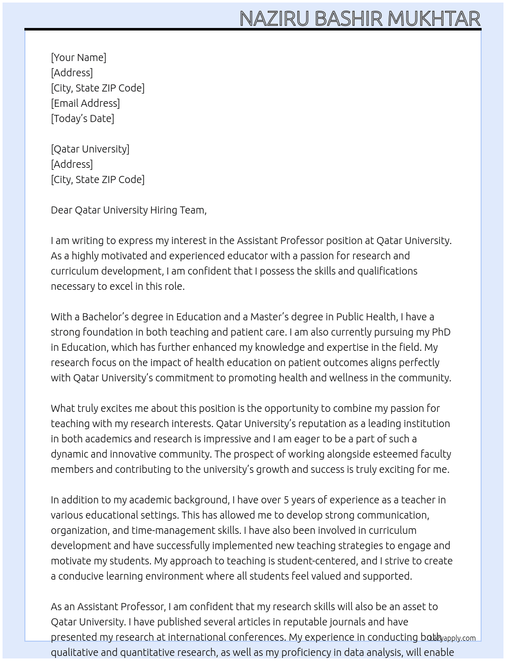 Assistant Professor At Qatar University Cover Letter
