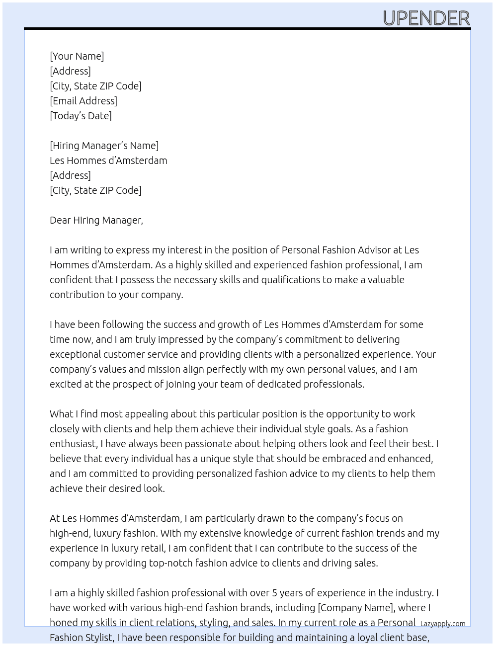 personal Fashion Advisor At Les Hommes d’Amsterdam Cover Letter