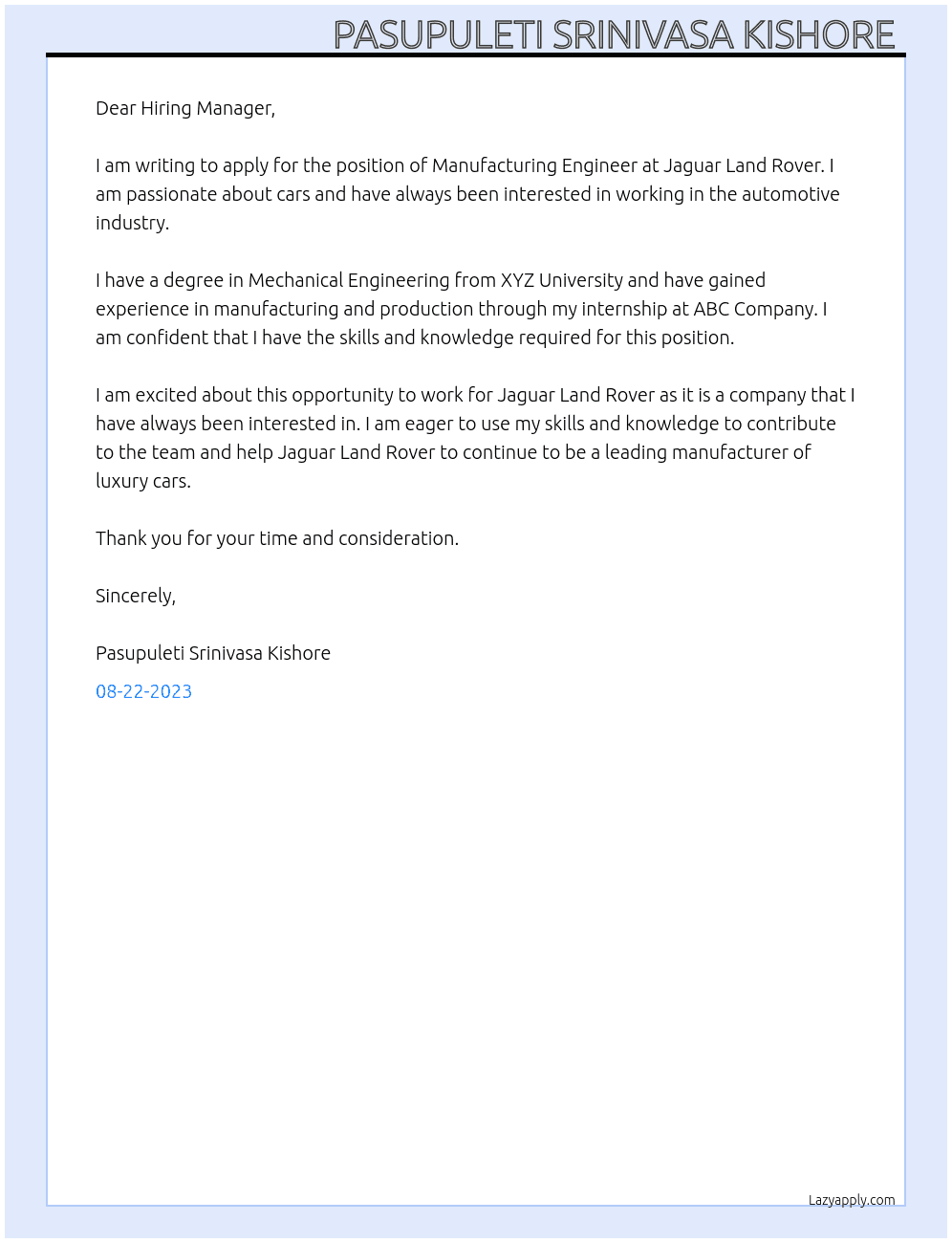 Manufacturing Engineer  At Jaguar Land Rover Cover Letter