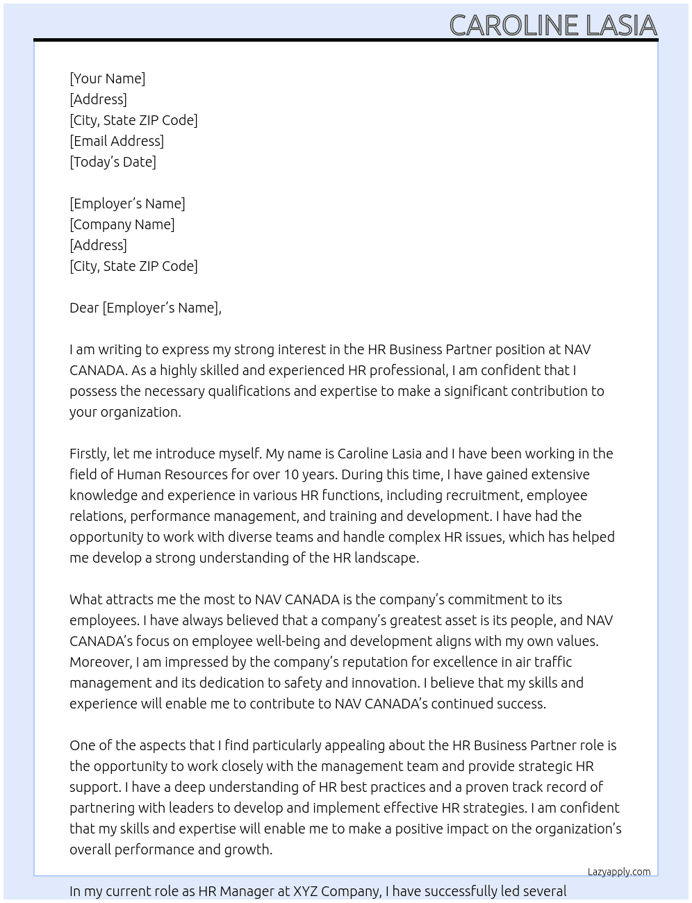 HR Business partner At NAV CANADA Cover Letter