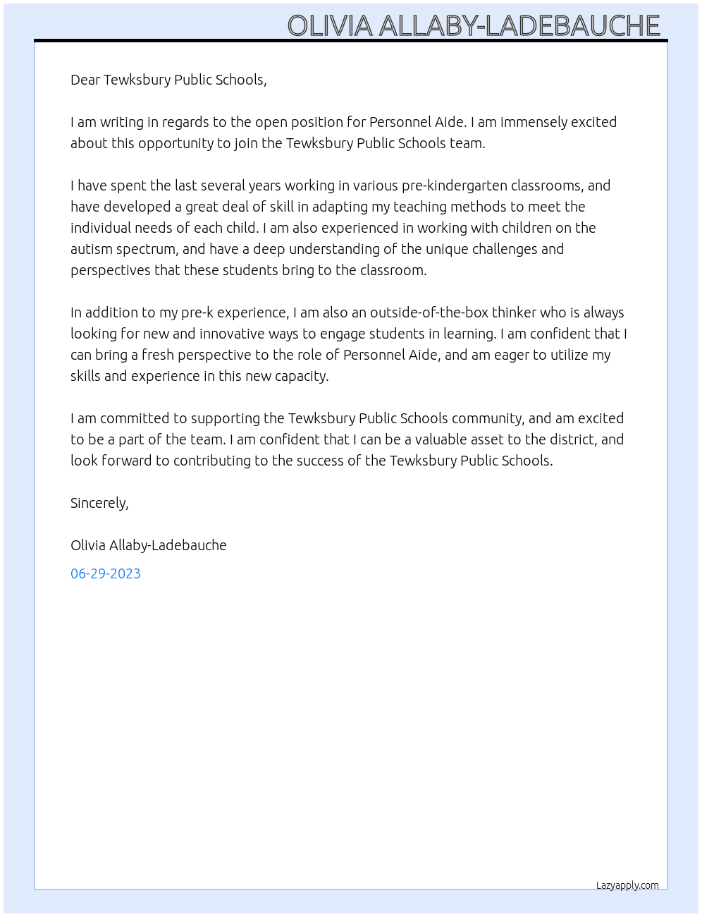 Personnel Aide At Tewksbury Public Schools Cover Letter