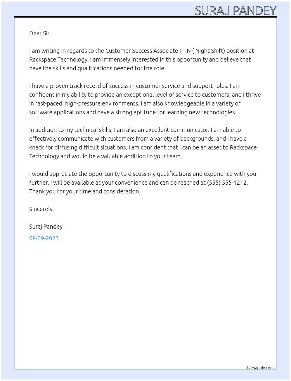 Customer Success Associate I - IN ( Night Shift) At Rackspace Technology Cover Letter