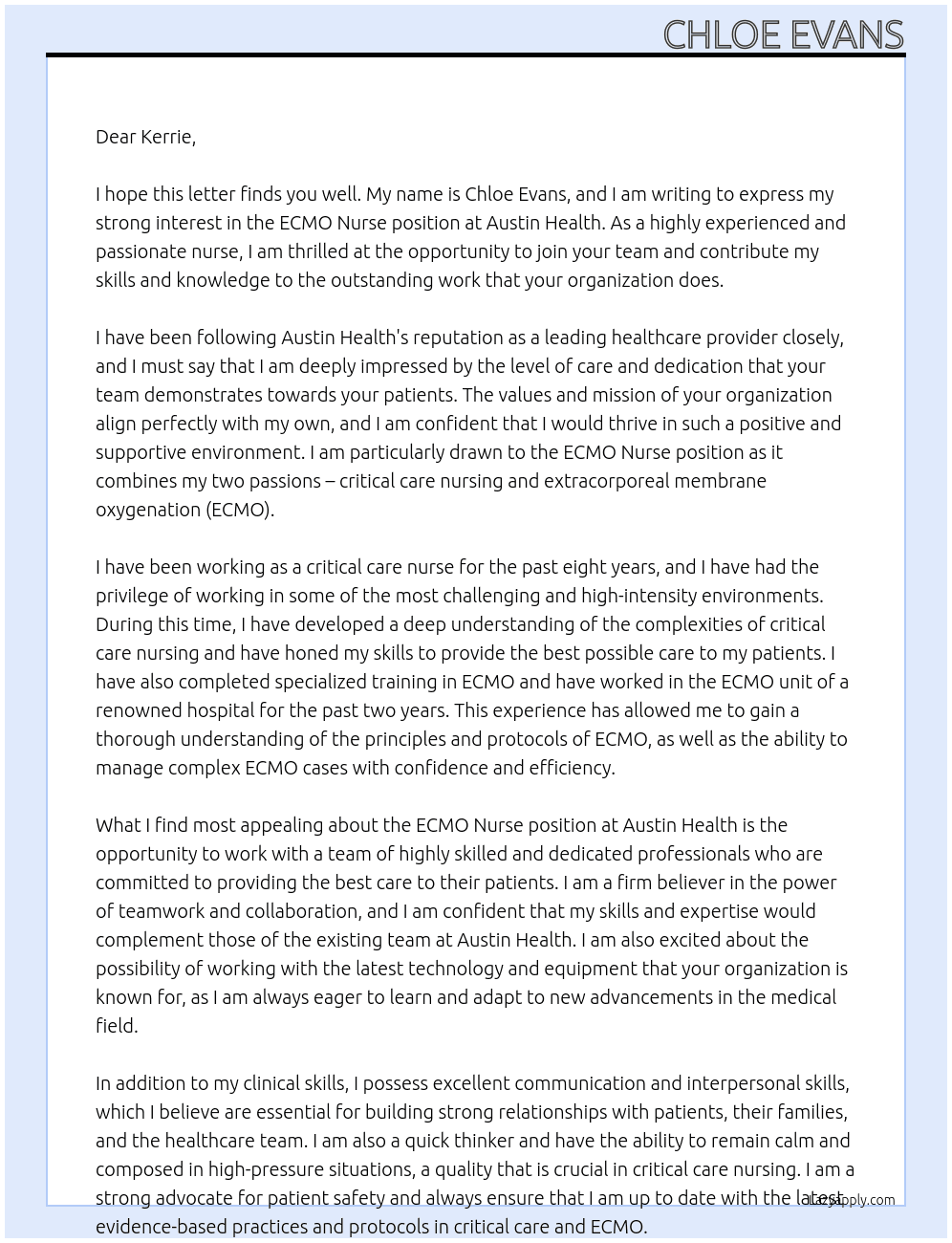 ECMO Nurse At Austin health Cover Letter