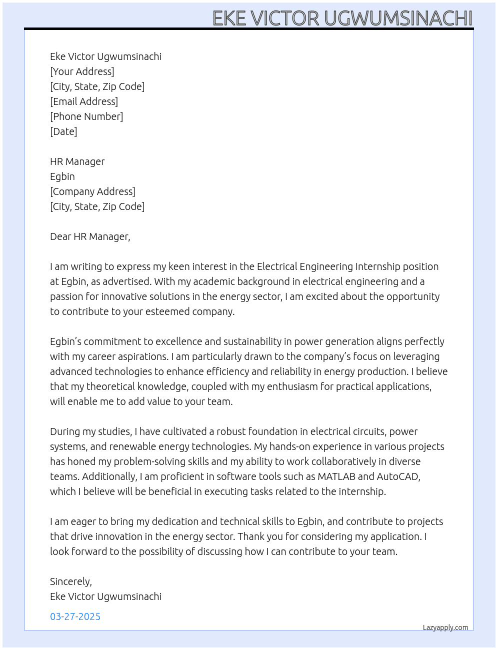 Electrical engineering  At Egbin  Cover Letter