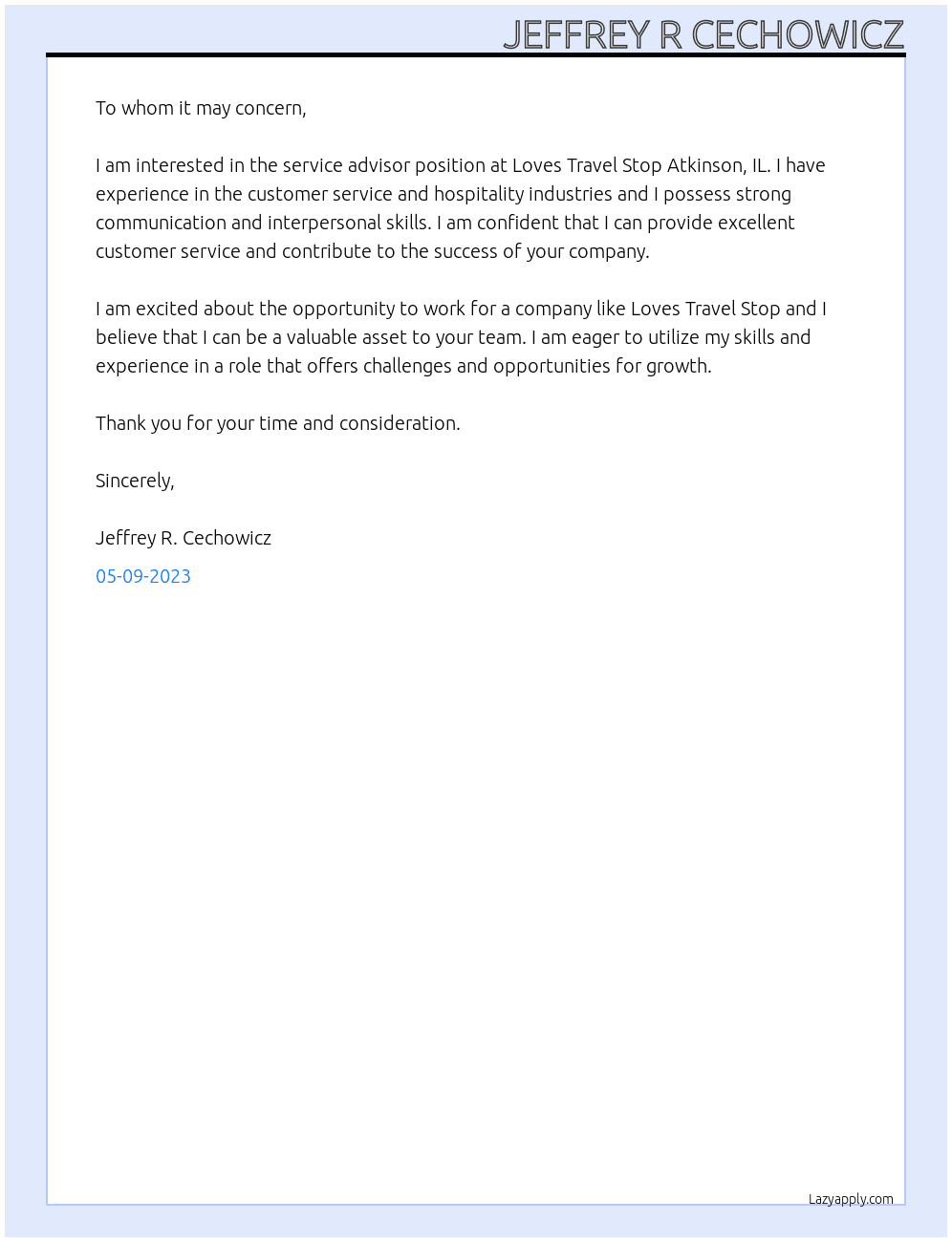 Service Advisor At Loves Travel Stop Atkinson, IL Cover Letter