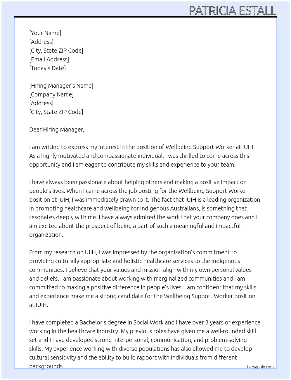 Wellbeing Support Worker At IUIH Cover Letter